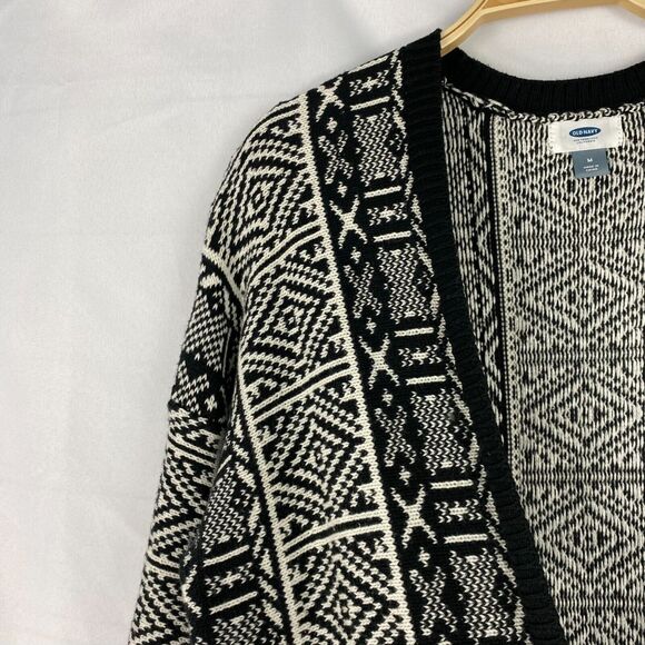 Old Navy Fair Isle Long Cardigan Sweater Women M Black White Southwestern Tribal - Picture 3 of 5